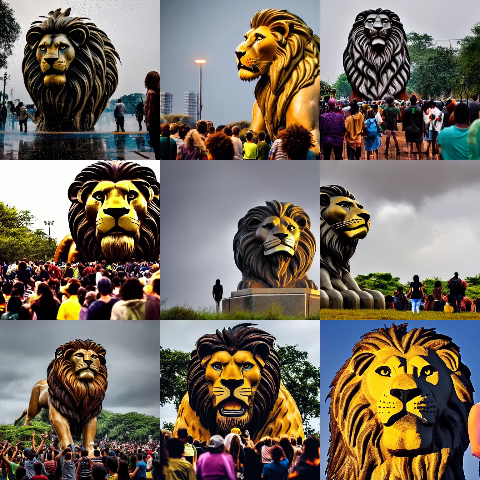 Prompt: people standing in the toxic rain worship the giant lion head of king mufasa fly from the epic magical skies