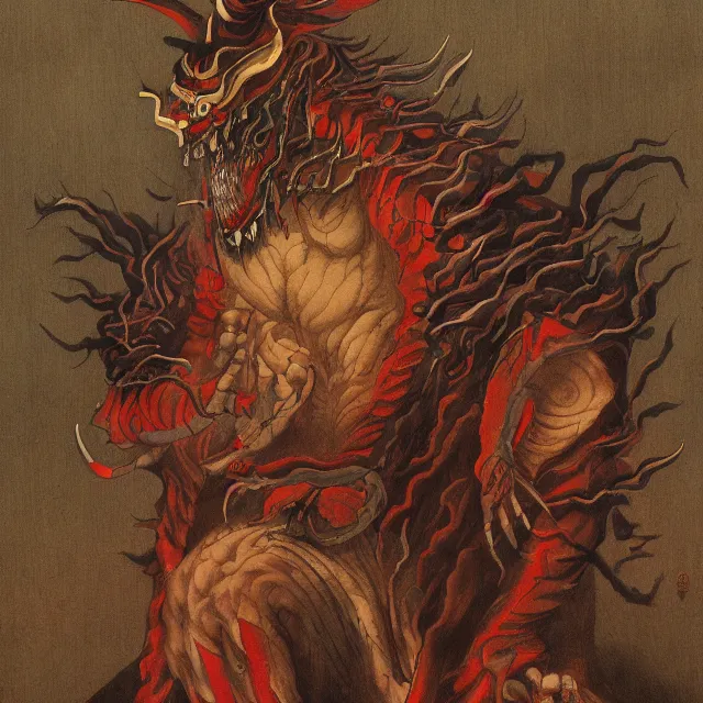 Prompt: a painting of a japanese demon by johfra bosschart, dark fantasy art, high detail, trending on artstation