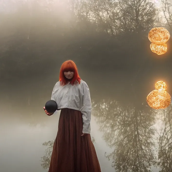Image similar to a closeup portrait of a woman wrapped in plastic, standing next to a giant huge levitating copper orb, in a foggy pond, golden hour, color photograph, by jan van eyck, canon eos c 3 0 0, ƒ 1. 8, 3 5 mm, 8 k, medium - format print