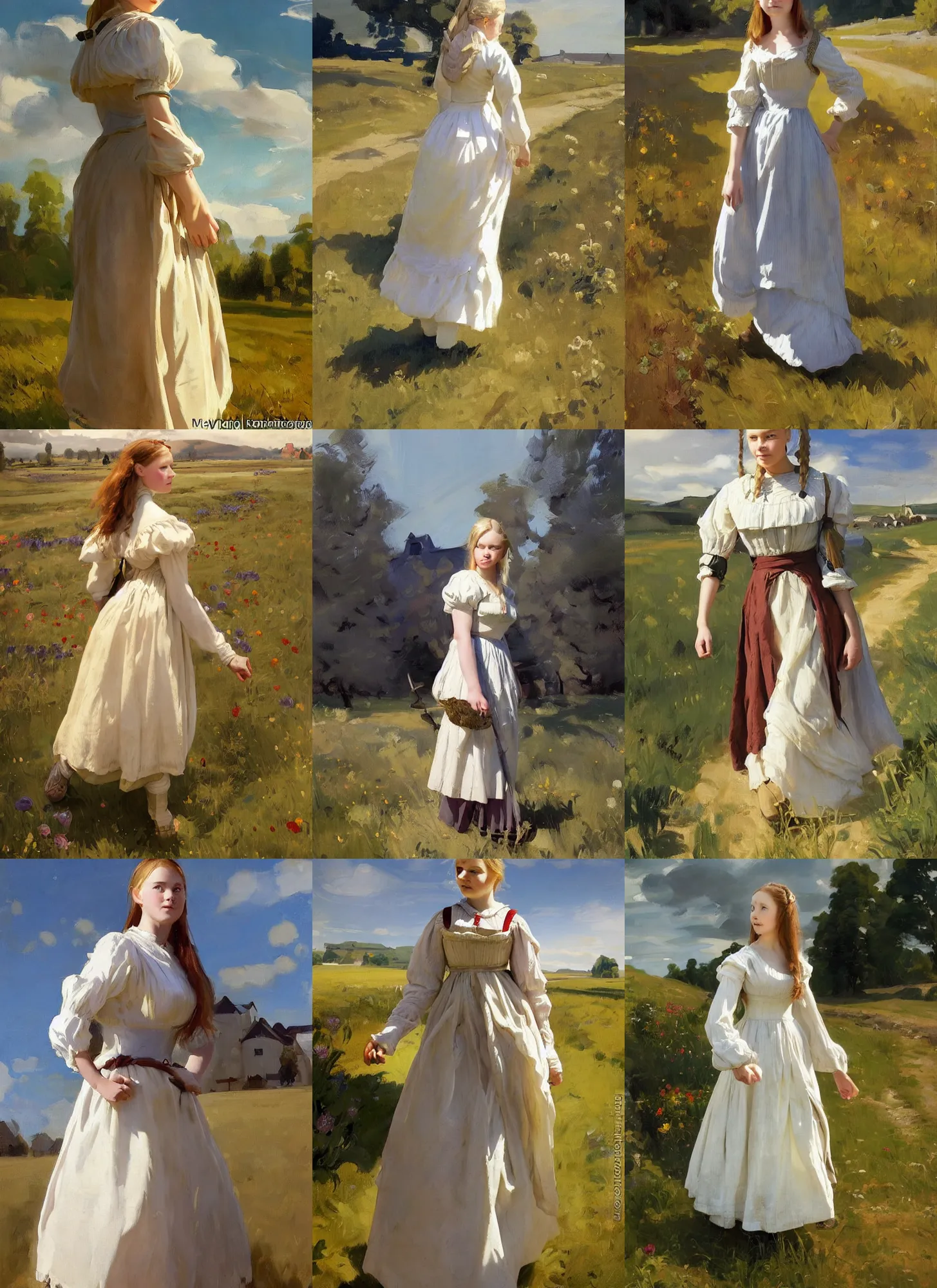 Prompt: finnish norway scandinavian attractive village teenage maiden wearing 1 7 th century bodice walking in the field in a sunny day, jodhpurs greg manchess painting by sargent and leyendecker, studio ghibli, fantasy, medium shot, asymmetrical, intricate, elegant, matte painting, illustration, hearthstone, by peggi kroll roberts, by craig mullins