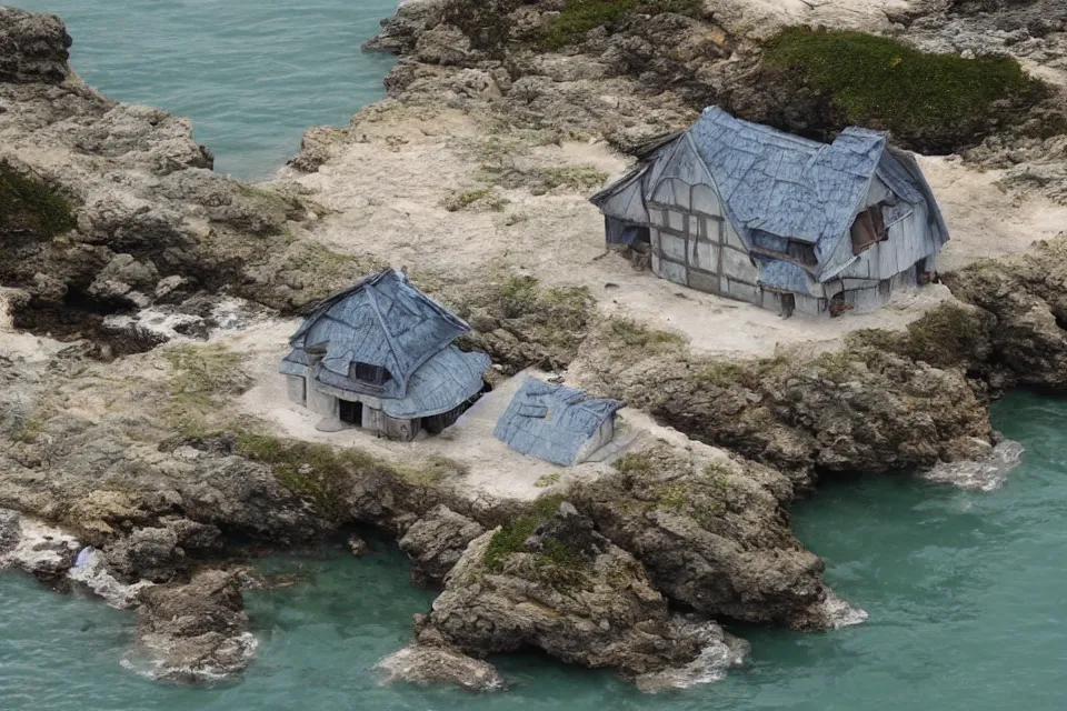 Image similar to seashell shaped house where the lone fisherman lives, in the style of ruan jia