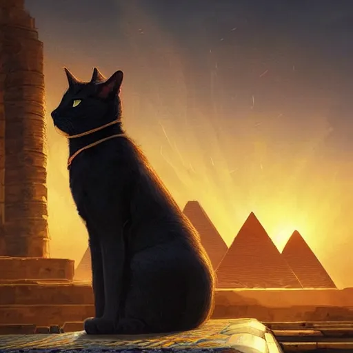 Prompt: Close-up of Cleopatra petting a black cat, sunrise light, pyramids in the background, art by Guweiz, incredible quality, trending on artstation