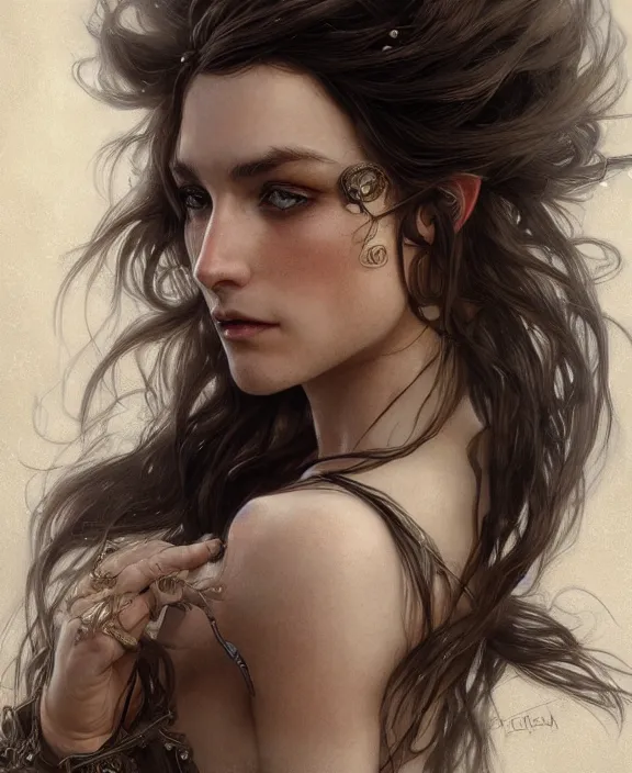 Image similar to portrait of a ruggedly beautiful goddess, soft hair, half body, leather, hairy, d & d, fantasy, intricate, elegant, highly detailed, digital painting, artstation, concept art, smooth, sharp focus, illustration, art by artgerm and greg rutkowski and alphonse mucha