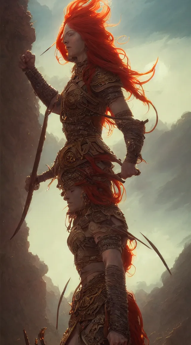 Image similar to highly detailed portrait of a warrior redhead woman, elden ring, stephen bliss, fantasy art by greg rutkowski, loish, rhads, ferdinand knab, makoto shinkai and lois van baarle, ilya kuvshinov, rossdraws, tom bagshaw, global illumination, radiant light, detailed and intricate environment