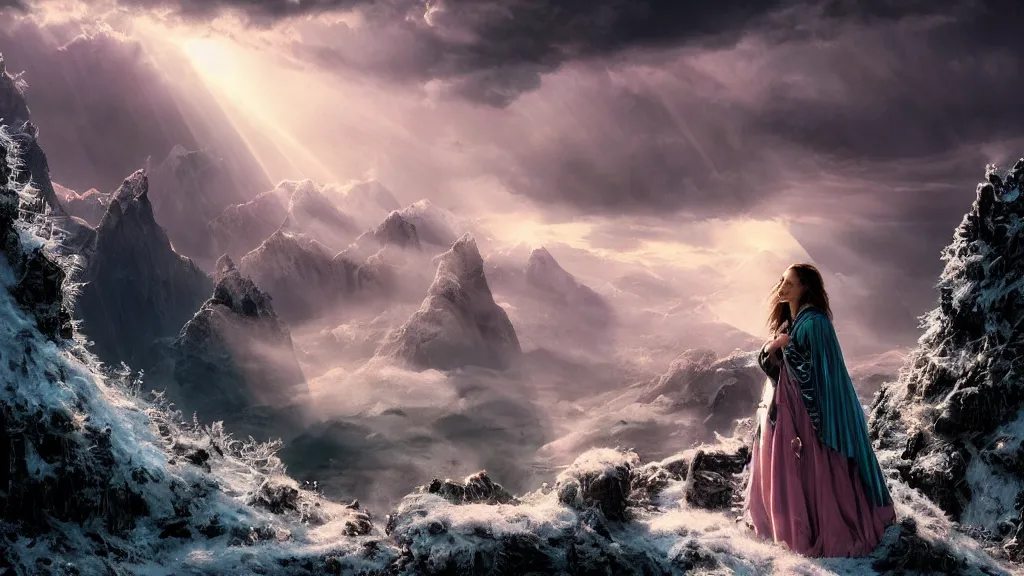 Image similar to wizard, argentina, natalie portman, hudson river school, max rive, full plate armor, f 1 6, bokeh, gentle, female, snowy mountain, storm clouds, god rays, close up portrait, d & d, fantasy, elegant, teal pink white gold color palette, concept art, roger deakins and greg rutkowski and alphonse mucha