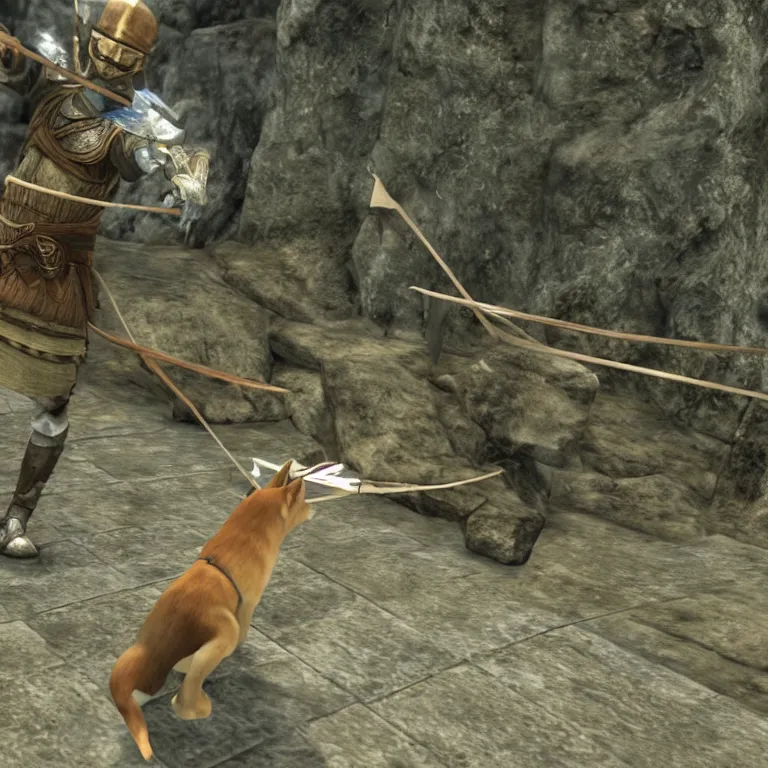 Prompt: a humanoid shiba inu firing a bow, skyrim pc screenshot