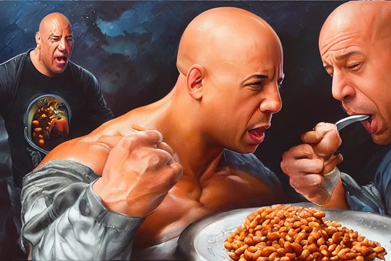 Image similar to vin diesel pouring baked beans into the mouth of dwayne the rock, an oil painting by ross tran and thomas kincade