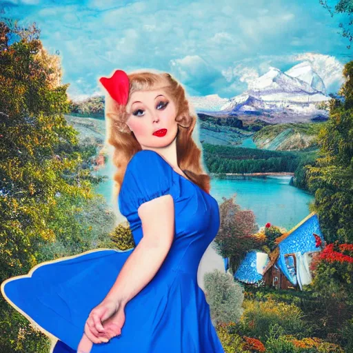Image similar to giant alice in wonderland, pin up, houses, trees, mountains, woman, city, digital art, photo, blue dress, photoshop, flowers, collage, river