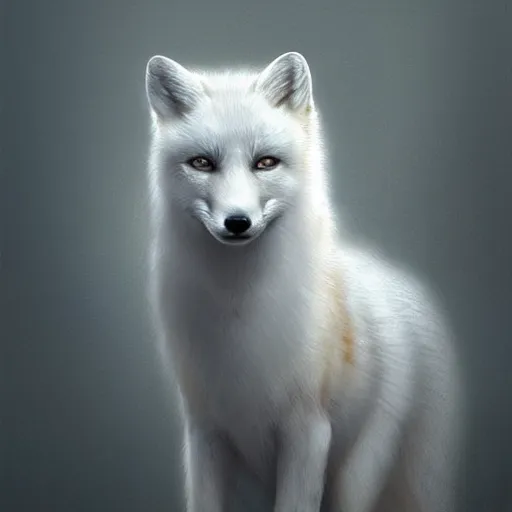 Image similar to A painting of a ghostly white fox in mist with very detailed ghostly fur, volumetric mist and red light, trending on artstation, concept art, vivid color, ultra detailed.