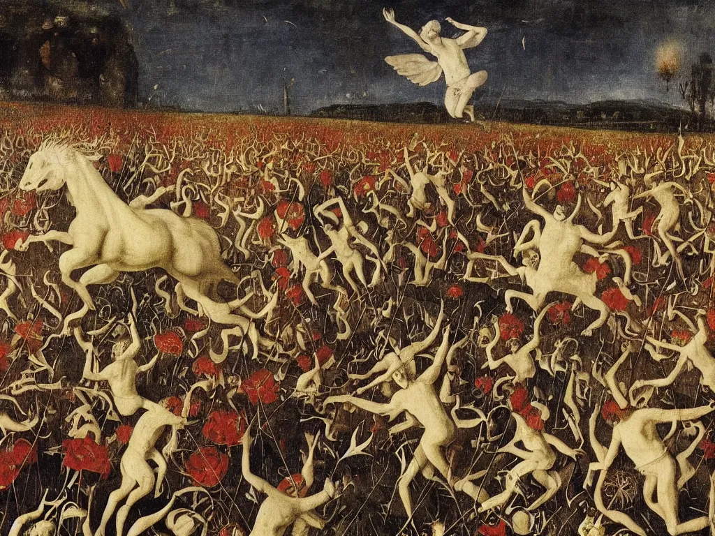 Image similar to White flaming devil running in the flower field, holding the world in his raised arms. Shadows loom over the land. Painting by Bosch, Bekinski