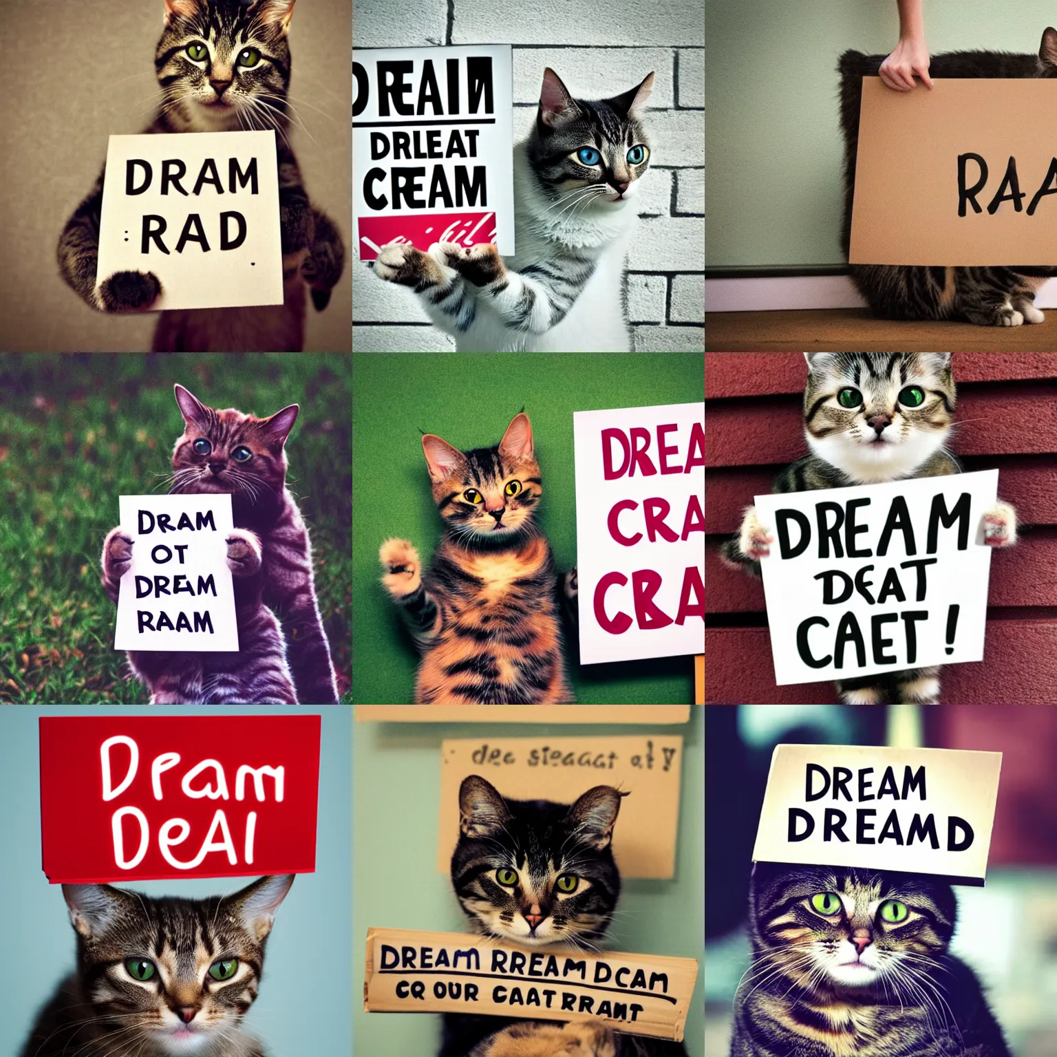 Image similar to realistic high quality photo of a cute cat holding a sign with text that reads : dream cat