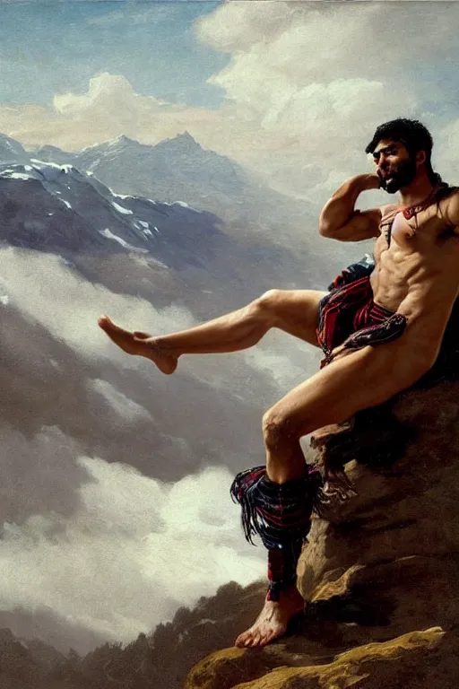 Prompt: a homoerotic portrait by greg rutkowski and albert bierstadt and bill ward of a shirtless brown desi hiker on a mountain peak | he is wearing a revealing tartan kilt, cowboy hat, and leather boots | background is snowy mountains and clouds | highly detailed face | ethereal, dreamlike | trending on artstation