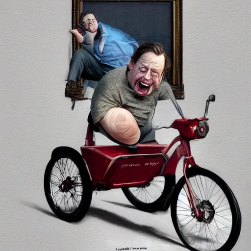 Image similar to hyper realistic absurd, silly, making faces, obese steve buscemi riding a tiny tricycle, painted by greg rutkowski, wlop, artgerm