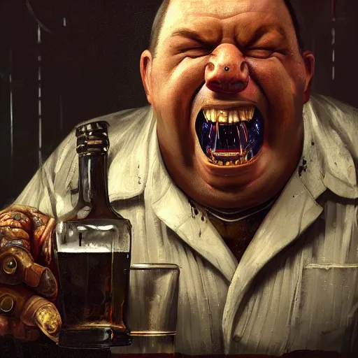 Image similar to closeup portrait of an overweight barkeeper with a prosthetic robot arm, decayed teeth, ratz, neuromancer, bar background, painted by greg rutkowski, painted by igor kieryluk, high detail, dramatic light, digital art, trending on artstation