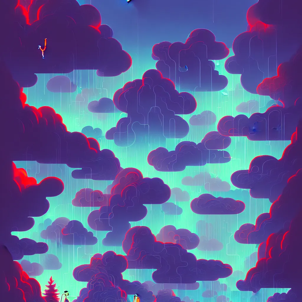 Image similar to illustration of a data-center architecture, connector, firewall, cloud, security, river, trees, thunderstorm, trending on Artstation, painting by Jules Julien, Leslie David and Lisa Frank and Peter Mohrbacher and Alena Aenami and Dave LaChapelle muted colors with minimalism