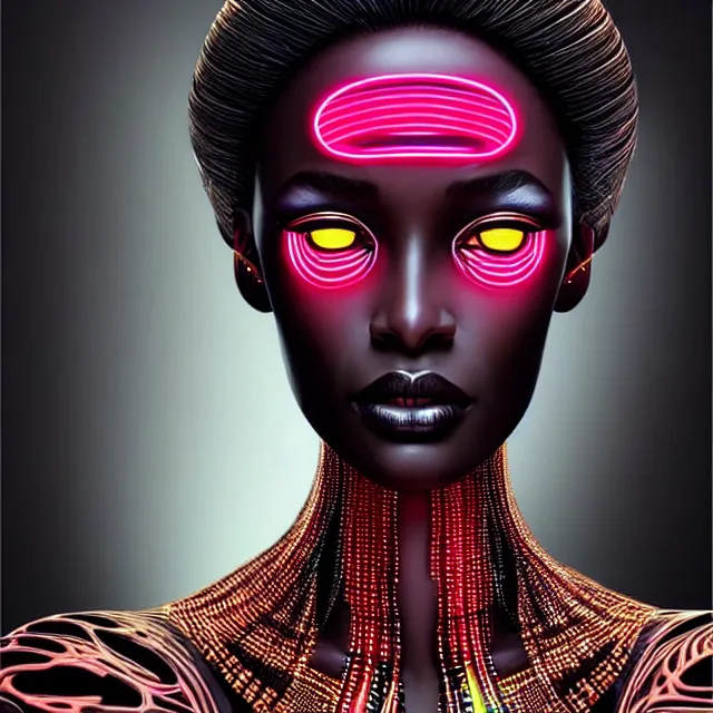 Image similar to african supermodel woman turning into an android portrait, dark surrealism, scifi, intricate, ornate, elegant, sharp eyebrows, platinum hair, highly detailed cybernetic body, neon glowing eyes, digital painting, artstation, concept art, smooth, sharp focus, illustration, art by artgerm and moebius and alphonse mucha