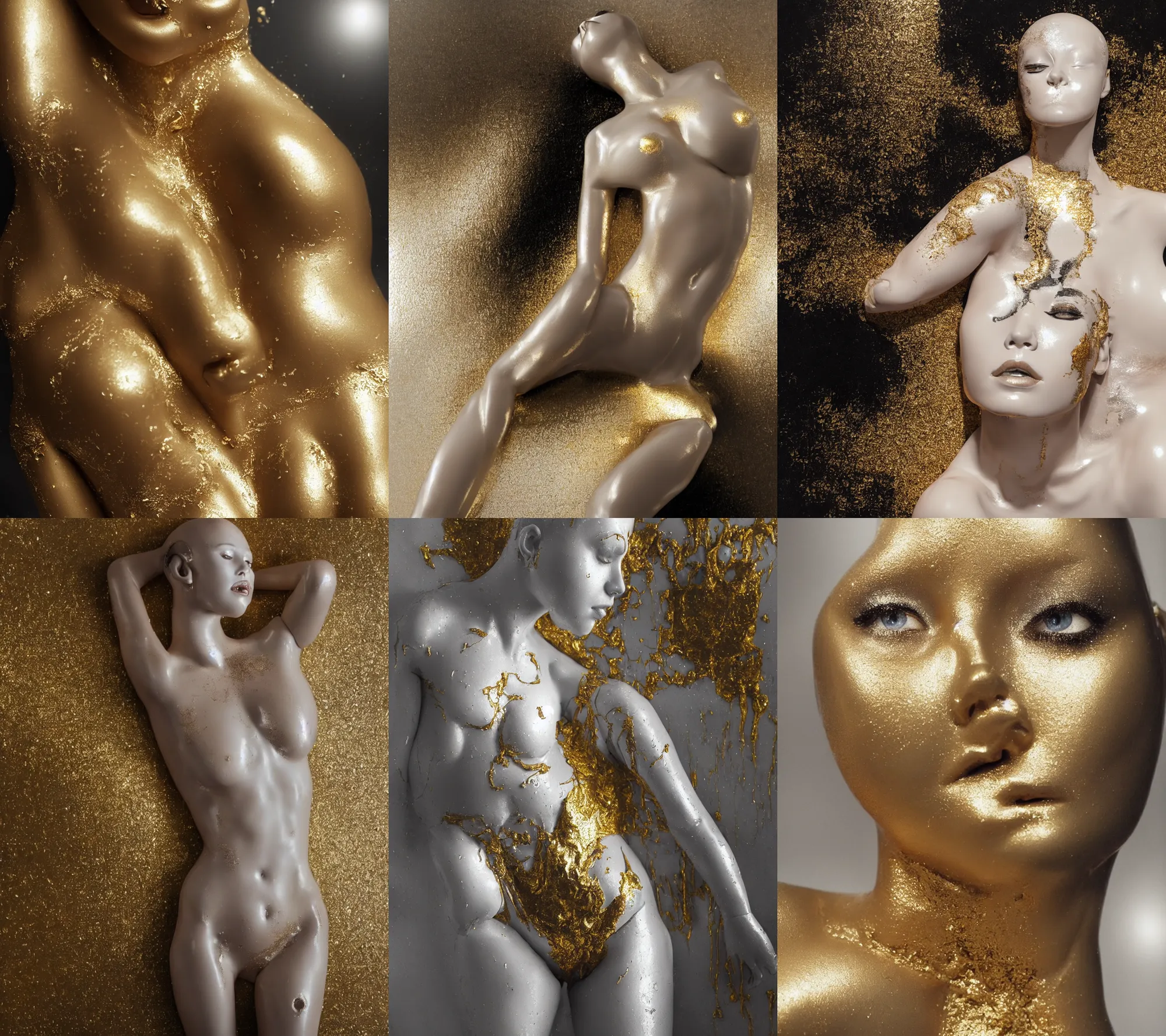 Prompt: a hyperrealist photography of a melting white female mannequin body that is dripping with gold, silver and black liquid, natural lighting, sun through store windows, cinematic, highly detailed, sharp focus, intricate concept art, digital painting, ambient lighting, 4k, artstation