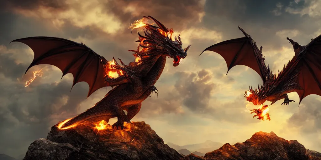 Prompt: A single dragon with half open wings breathing fire on the top of a mountain, epic composition, detailed and intricate image, cinematic, 4K