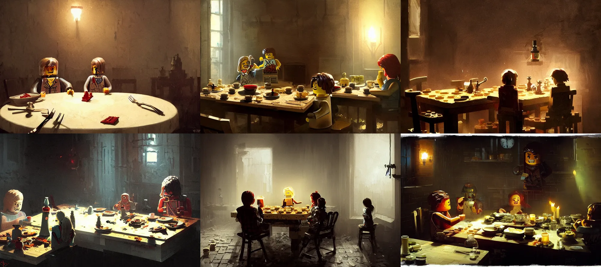 Prompt: lego outlast eating dinner at a table in the backrooms happiness is temporary by greg rutkowski