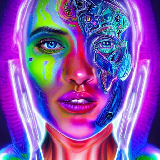 Image similar to extremely psychedelic cyborg queen of lsd. intricate, elegant, highly detailed, lifelike photorealistic digital painting, artstation.