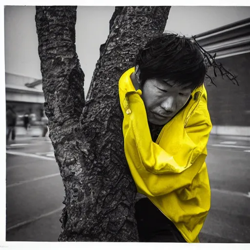 Image similar to bright yellow aesthetic, imposing by suehiro maruo, by eero saarinen. a photograph of a man caught in a storm, buffeted by wind & rain. he clings to a tree for support, but the tree is bent by the force of the storm. he is soaking wet. his face is contorted with fear & effort.