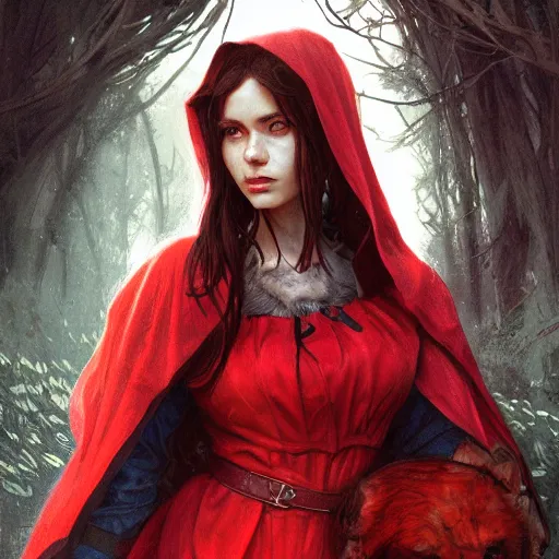 Prompt: scifi character portrait Painting of little red riding hood, dystopian mood, intricate, wild, highly detailed, digital painting, artstation, concept art, smooth, sharp focus, illustration, art by artgerm and greg rutkowski and alphonse mucha