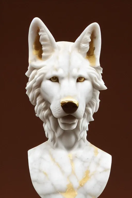 Image similar to a white marble bust of a wolf with gold filigree
