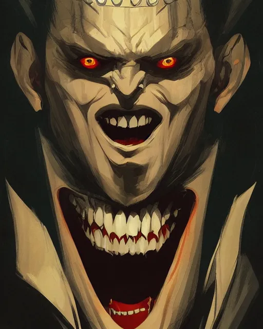 Image similar to handsome vampire king with crown and fangs, symmetrical face, evil, cinematic, dramatic, powerful, super detailed and intricate, by koson ohara, by darwyn cooke, by greg rutkowski, by satoshi kon