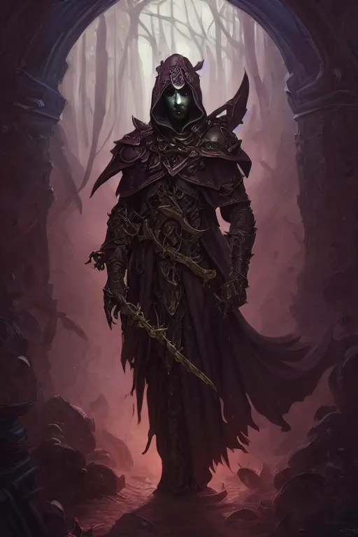 Image similar to male necromancer, full body shot, hood, d & d, fantasy, horror intricate, elegant, highly detailed, digital painting, artstation, concept art, matte, sharp focus, illustration, hearthstone, art by artgerm and greg rutkowski and alphonse mucha