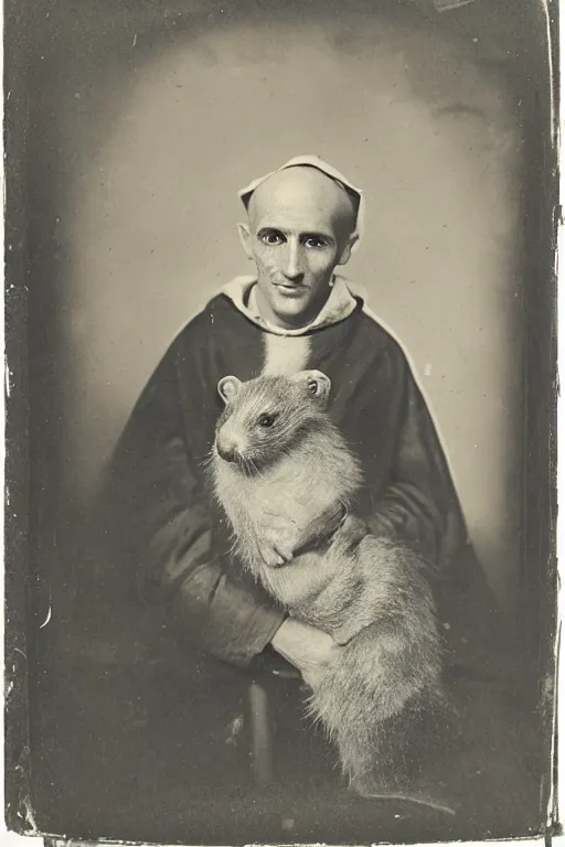 Prompt: a wet plate photo of a weasel friar
