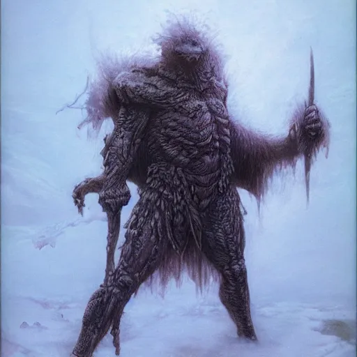 Image similar to anthropomorphic turtle barbarian humanoid, carapace, wayne barlowe, blizzard, winter, night, furs, fantasy