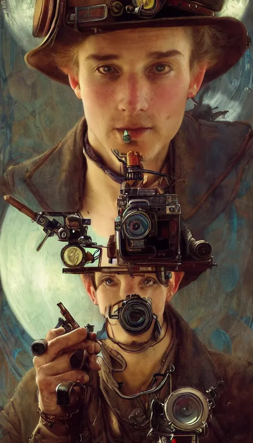 Image similar to hyper realistic photographer looking through camera towards viewer, magical, steampunk, painted by james gurney, norman rockwell, tom bagshaw, mucha, gaston bussiere, craig mullins, j. c. leyendecker 8 k