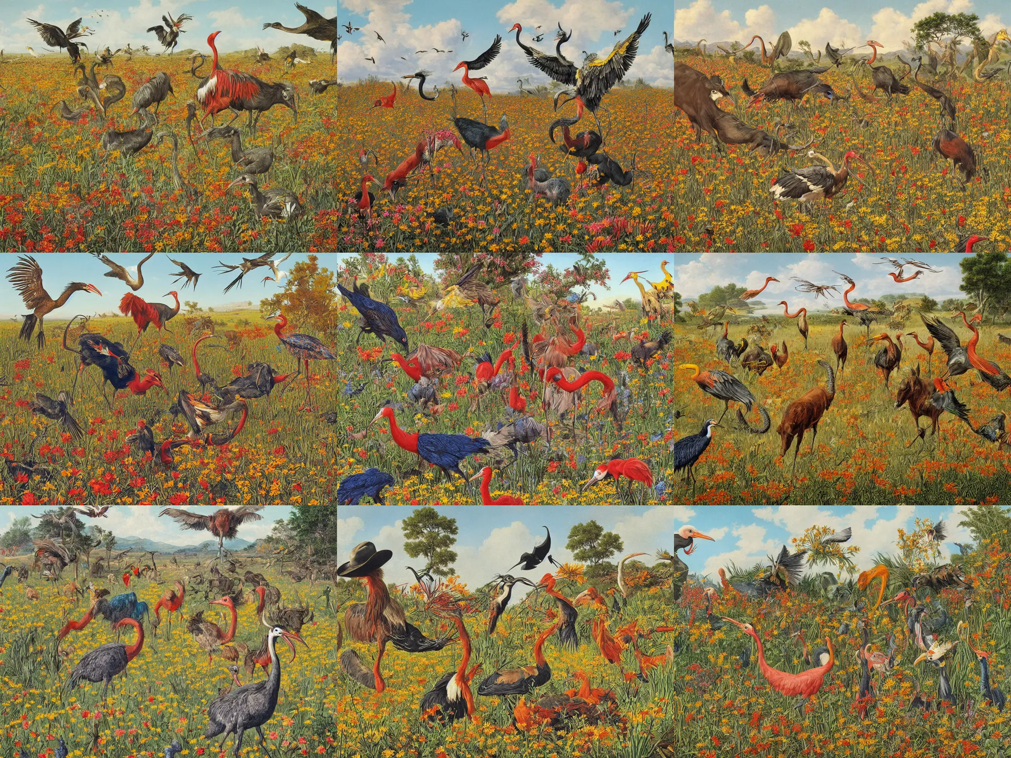 Prompt: hyper stimulated Crane birds wearing cowboy hats disturbing a bull and a snake oil salesman from its sleep in a wild west flower field in formosa. Colorful painting by Audubon