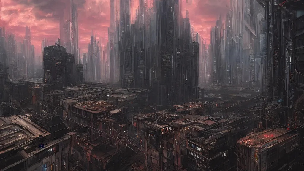 Image similar to prominent cyberpunk building, empty streets, streets-level, skyscapers, buildings, clouds, sunset, painted by seb mckinnon, high detail, digital art, trending on artstation