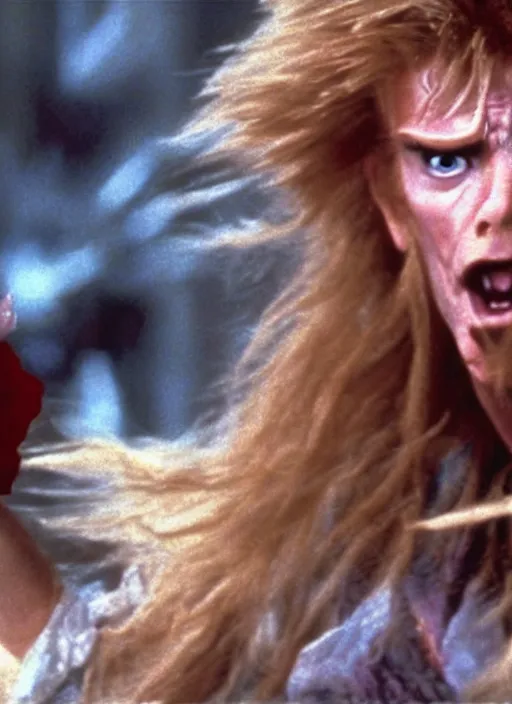 Image similar to a still from Labyrinth (1986) of Jareth intensely punching a goblin to death