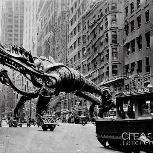 Image similar to old black and white photo, 1 9 1 3, depicting a giant biomechanical alien monster kaiju robot fighting tanks through the bustling streets of new york city, historical record