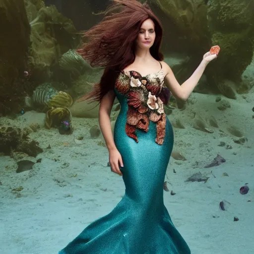 Image similar to mermaid , underwater , a stunning beautiful giorgia-era dress with brown long hair , abundant detail, octopuses and flowers