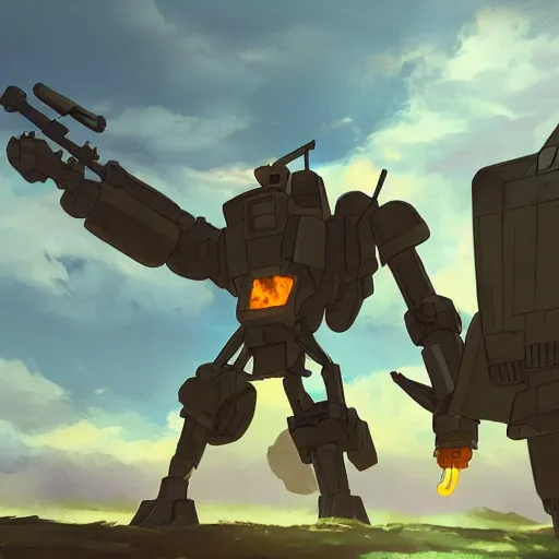 Image similar to a mech with guns on each arm preparing for combat, battlefield, dead trees, fire, smoke, dark clouds, slightly sunny, ominous, intense, epic, extremely detailed, cinematic lighting, studio ghibli, anime,