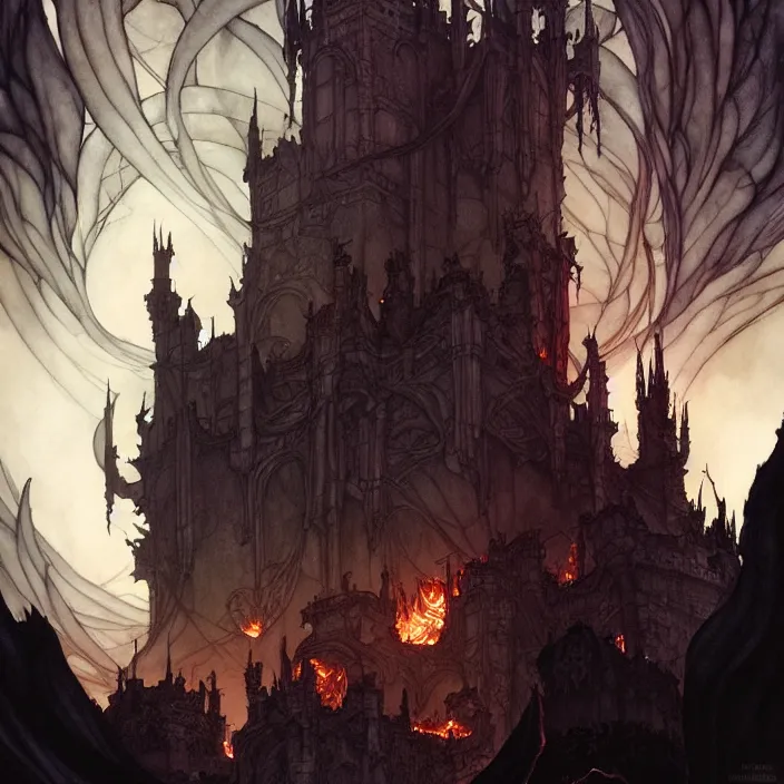 Prompt: style artgerm, joshua middleton, arthur rackham, twisted castle in hell, very long wirey spires, fire swirling, detailed, cave setting, volumetric lighting