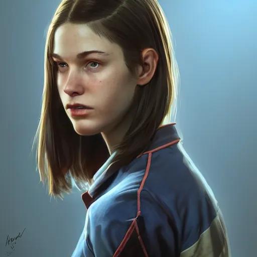 Image similar to portrait of a brunette thin teenager girl with blue eyes in fallout 4, light stubble with red shirt, inside modern school ,digital art,photorealistoc,art by greg rutkowski,hyperdetailed,western comic style,comic,comic style,sharp lineart,professional lighting,deviantart,artstation,trevor henderson,rossdtaws,cinematic,dramatic