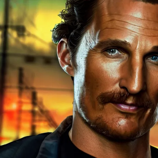 Image similar to matthew mcconaughey as a GTA style character on a loading screen, 4k, high detail, high-resolution photograph, professional photography, ultra-detail