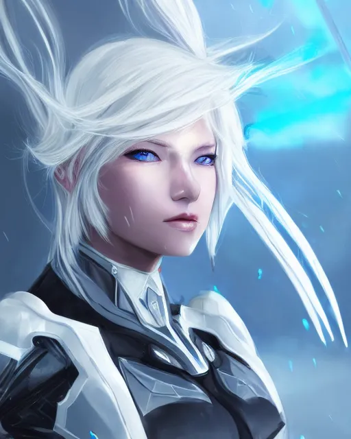 Prompt: perfect white haired girl, warframe armor, beautiful, dreamy, pretty face, blue eyes, portrait, detailed, windy weather, scifi, utopian architecture in the background, laboratory, 4 k, ultra realistic, aura of light, cinematic, high detail, masterpiece, art by akihito tsukushi, akasuki brightmind