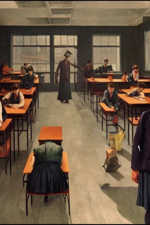 Prompt: dystopian desolate school scene with a zombie teacher, carel willink, edward hopper, film still