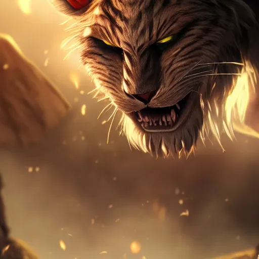 Prompt: rengar from league of legends, cinematic, 4 k, very detailed, beautiful rendering, realistic fur, cgtrader, artstation, global illumination, volumetric lighting, dramatic