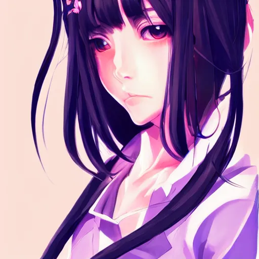 Prompt: portrait of beautiful symmetrical anime girl, black hair, attractive, casual, modern, highly detailed, digital painting, smooth, sharp focus, illustration, art by arco wada, 8 k,