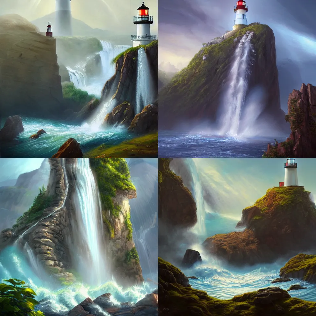 Prompt: a painting of a lighthouse with a waterfall in front of it, a detailed matte painting by tyler edlin, featured on cgsociety, arts and crafts movement, artstation hq, unreal engine 5, unreal engine