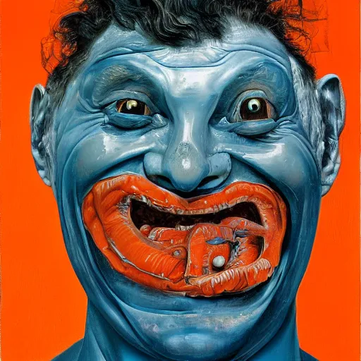 Image similar to high quality high detail painting of a man with large teeth by lucian freud and zdzisław beksinski and francis bacon, hd, smiling man, turquoise and orange