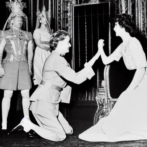 Image similar to queen elizabeth as a young woman commanding at - rex to kneel and be knighted.