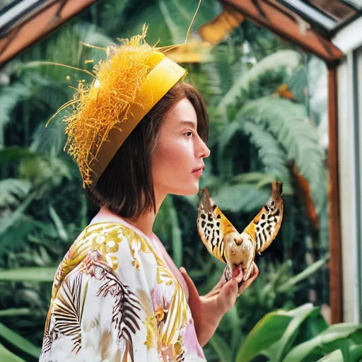 Prompt: head to shoulder portrait film photograph of an elegant top model wearing a yellow kimono with a very detailed barn owl on her shoulder!!! in a tropical greenhouse. looking at the camera!!. super resolution. 85 mm f1.8 lens.bokeh. graflex. art by Alessio albi and ashley wood and Edmund Blair Leighton ! -