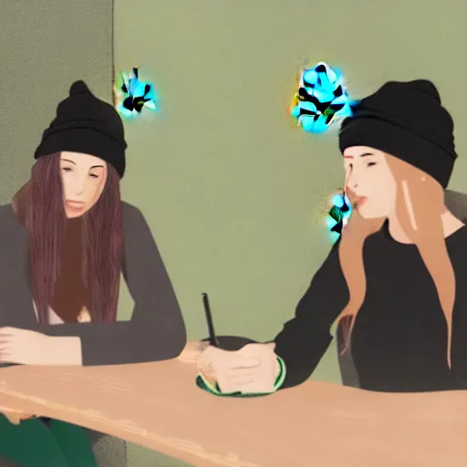 Image similar to hot girls sitting at starbucks being drawn by creepy guy in beanie, 8 k resolution, cinematic lighting, anatomically correct